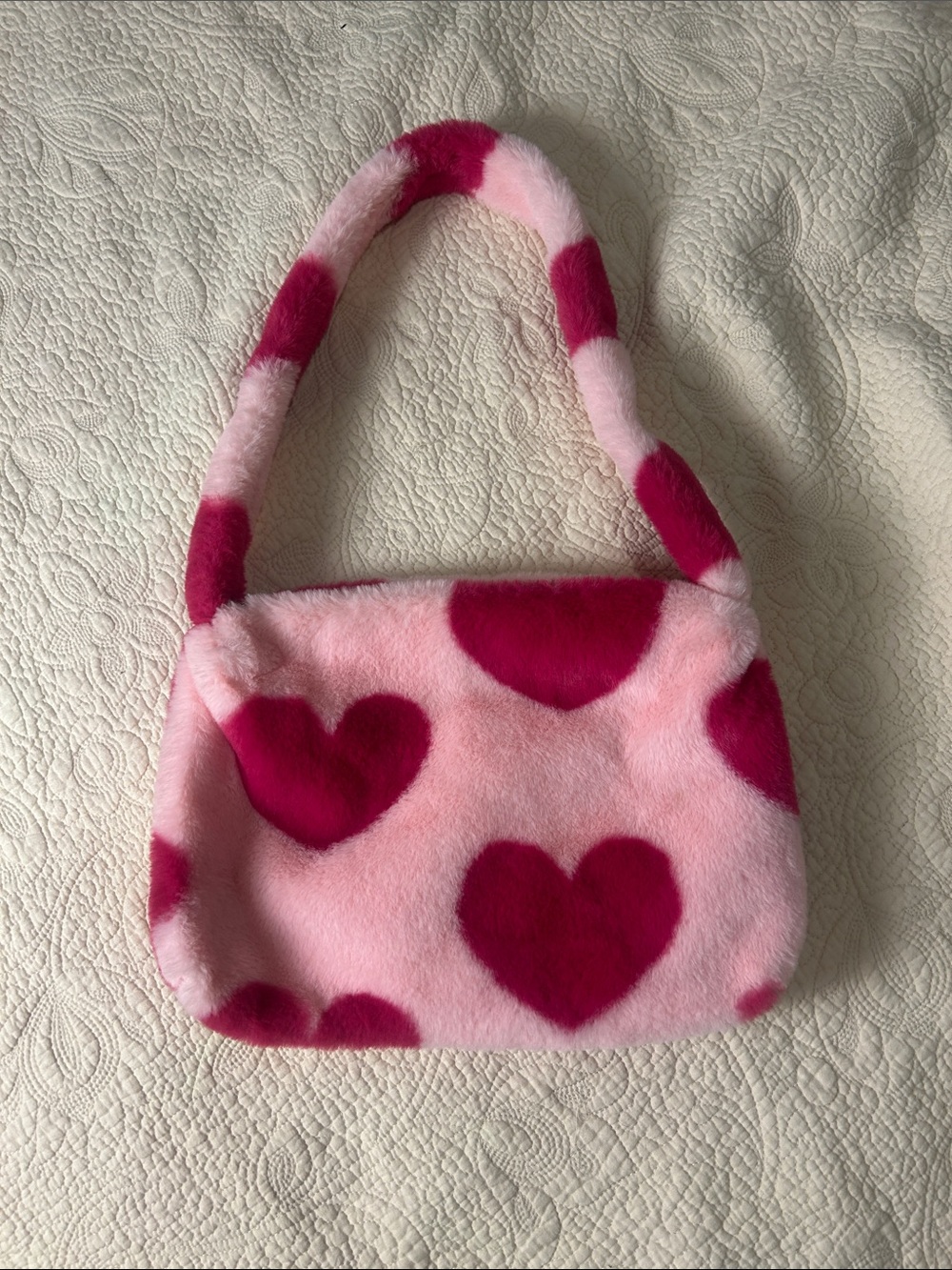 Pink Heart Plush Shoulder Bag with Magenta Accents
